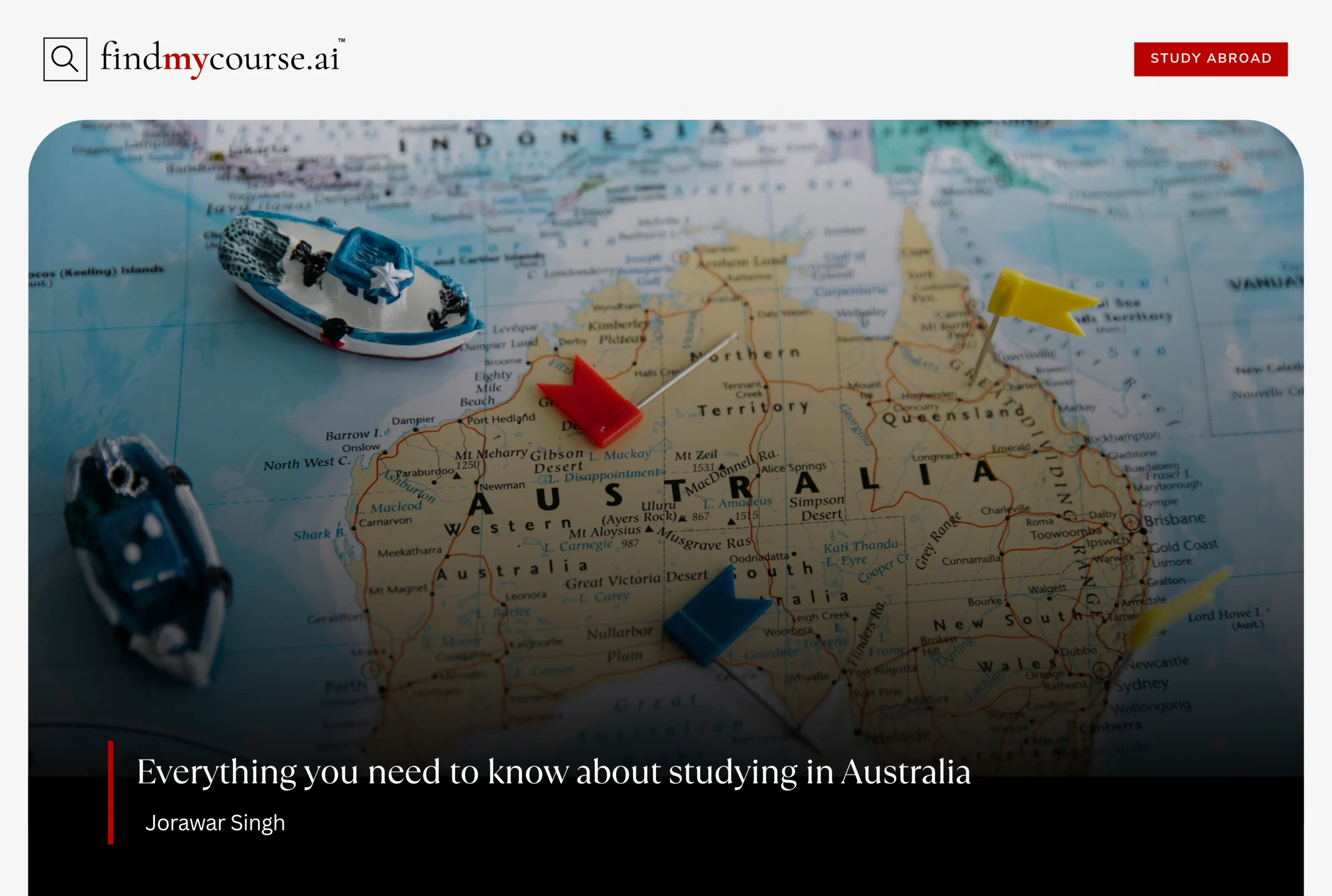 map with pins and boats symbolizing the journey to study in Australia - Find my course | FindMyCourse.ai