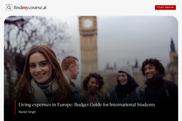 Happy international student in Europe with clock in background – Find my course | FindMyCourse.ai