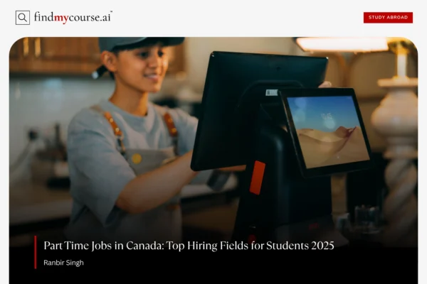 International student working at billing counter representing part time jobs in Canada — Findmycourse.ai