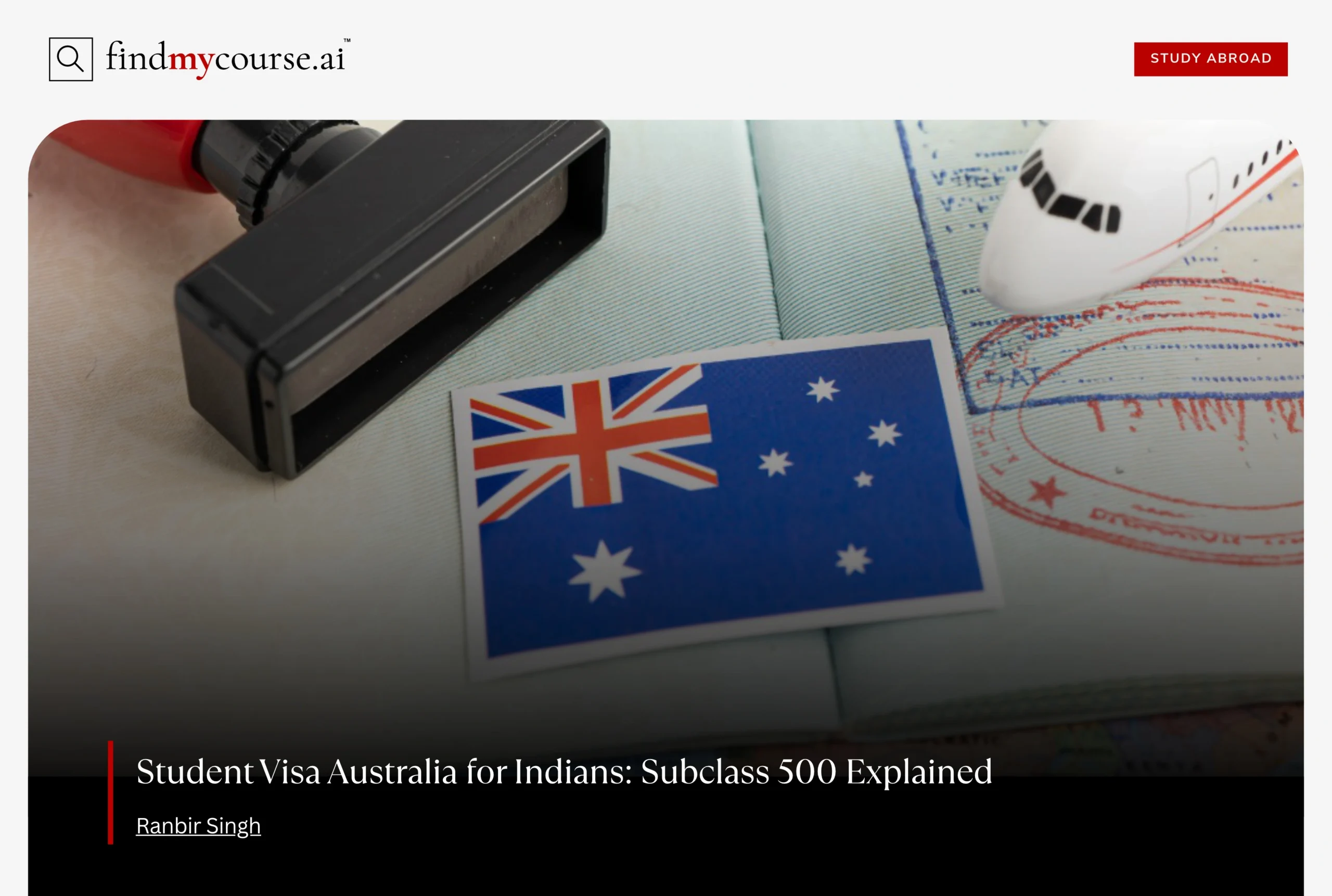 Passport with Australian flag and visa stamp denoting Student Visa - Find my course | FindMyCourse.ai