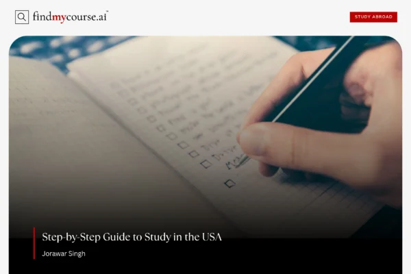 A hand with pen marks a checklist depicting Process to Study in the USA - Find my course | FindMyCourse.ai
