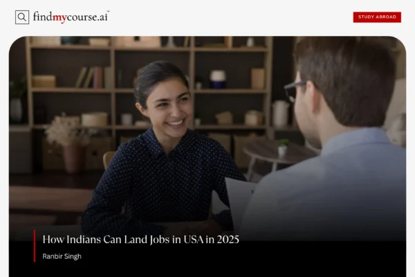 Jobs in USA for Indians: Navigating the US Job Market in 2025 Indian graduate in an office interview, showcasing jobs in USA – Find My Course | findmycourse.ai