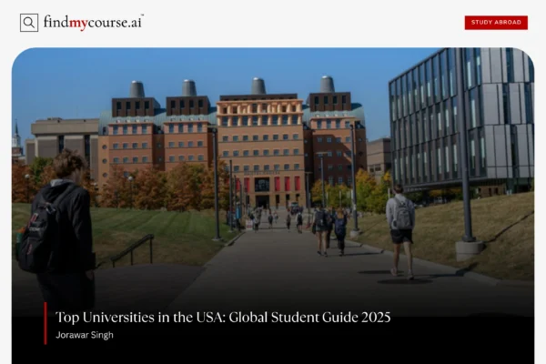 Campus walkway with students and buildings, showing Top Universities in USA – Find My Course | findmycourse.ai