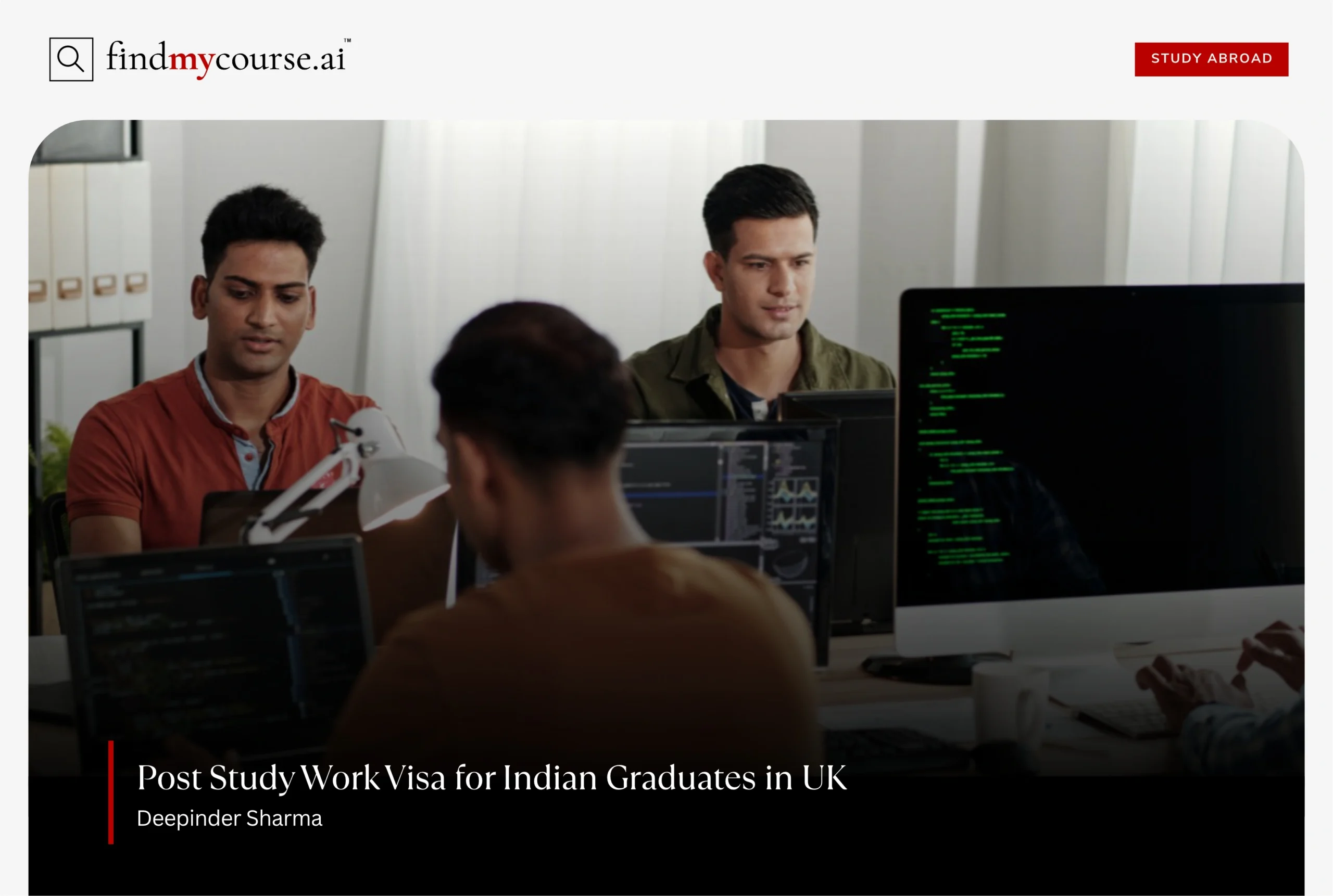 Indian graduates in a tech office in UK under Post Study Work Visa program – Find My Course | findmycourse.ai