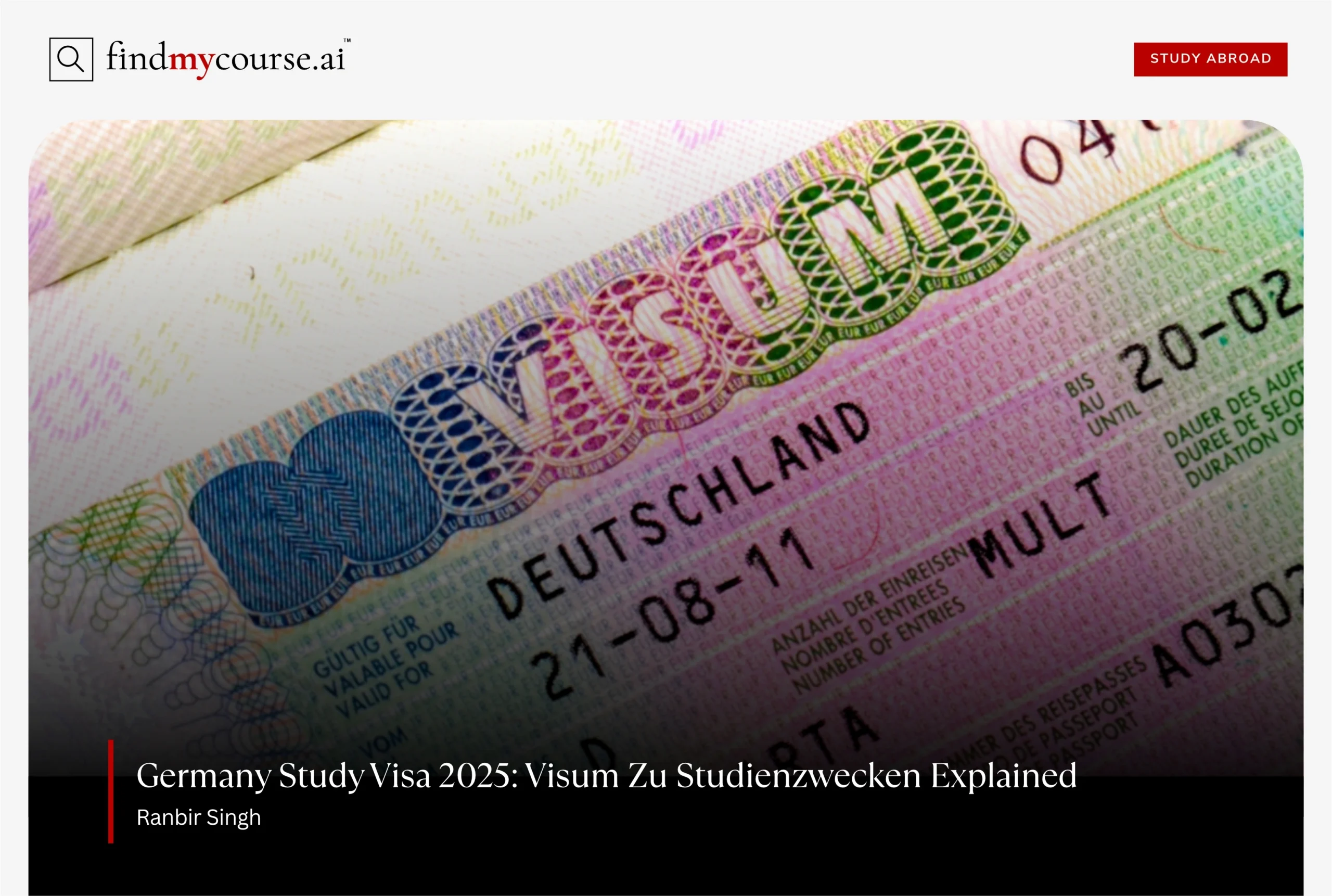 Close up of a German visa stamp on passport denoting Study Visa guide for Indians — Findmycourse.ai