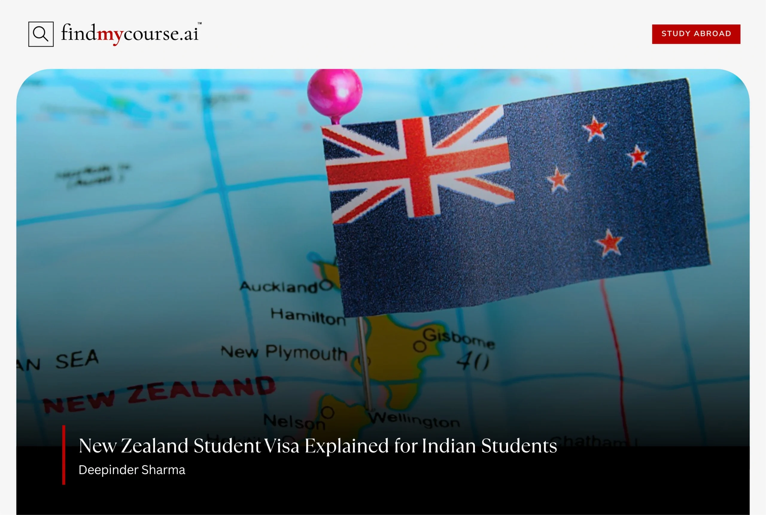 Visual representing New Zealand student visa with map and flag – findmycourse.ai