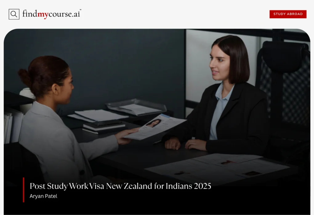 Post Study Work Visa New Zealand for Indian Students 2025 job interview scene representing Post Study Work Visa opportunities in New Zealand – findmycourse.ai