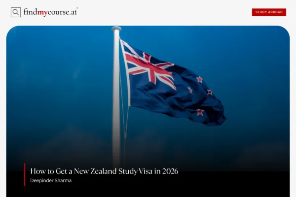 New Zealand flag waving in blue sky representing process to apply for study visa — Findmycourse.ai