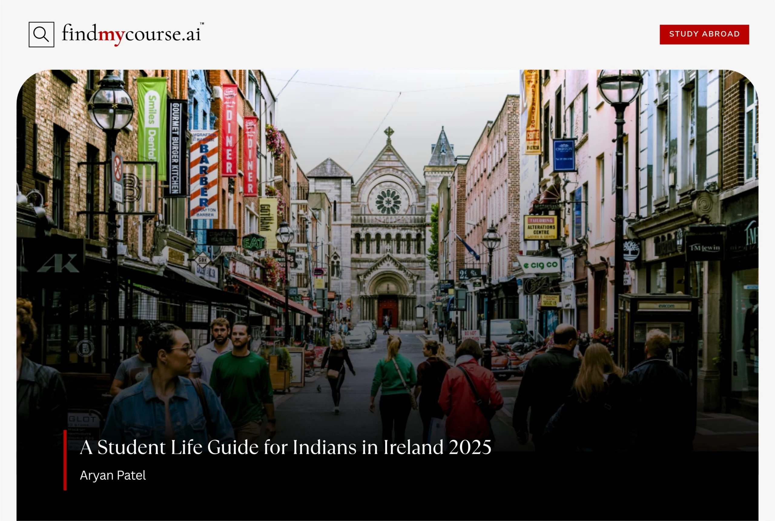 Dublin street view with shops and cathedral showing student life in Ireland – Findmycourse.ai