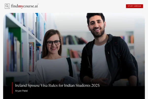 Student couple in library denoting Ireland spouse visa options for Indian students — Findmycourse.ai