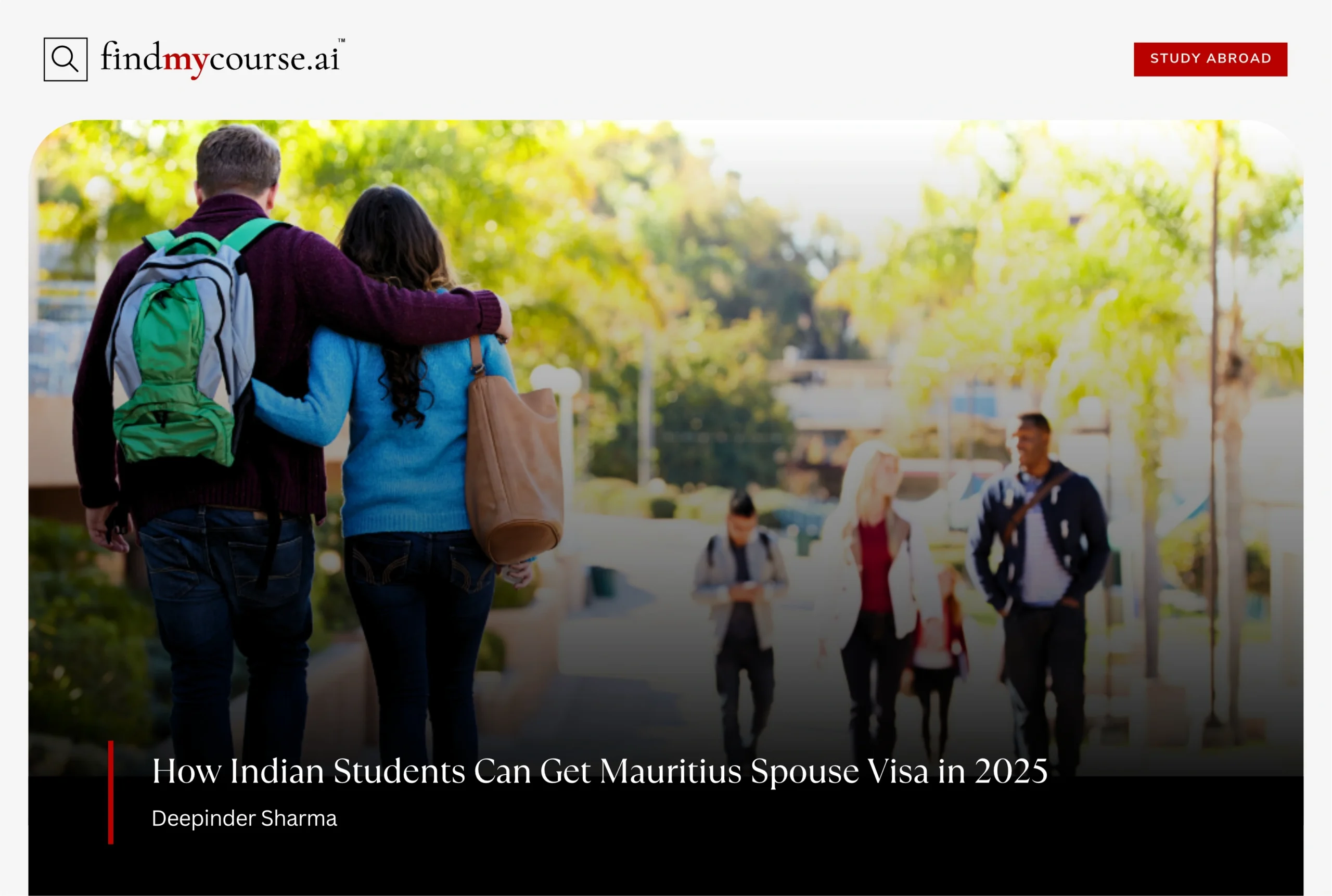 Young couple reuniting at university representing Mauritius Spouse Visa — FindMyCourse.ai