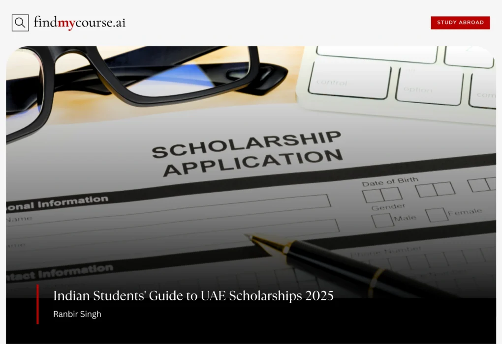 Application form with pen, glasses, and keyboard on desk denoting Scholarships in UAE — Findmycourse.ai