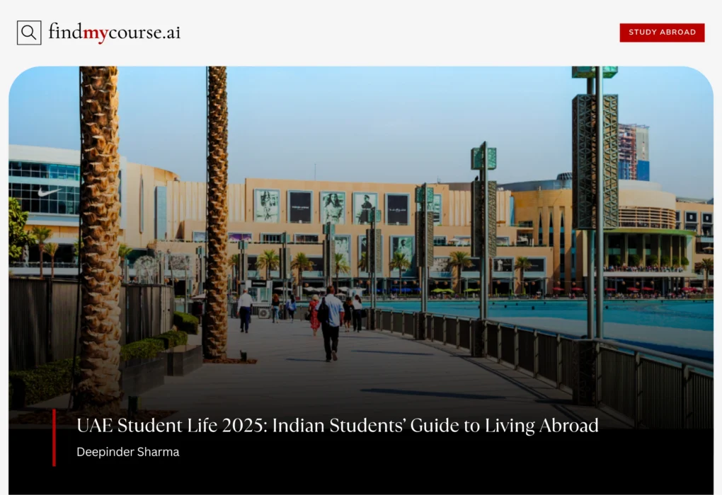 Students walking near a modern mall and palm trees, capturing daily life in UAE
