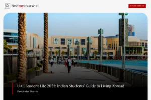 Students walking near a modern mall and palm trees, capturing daily life in UAE