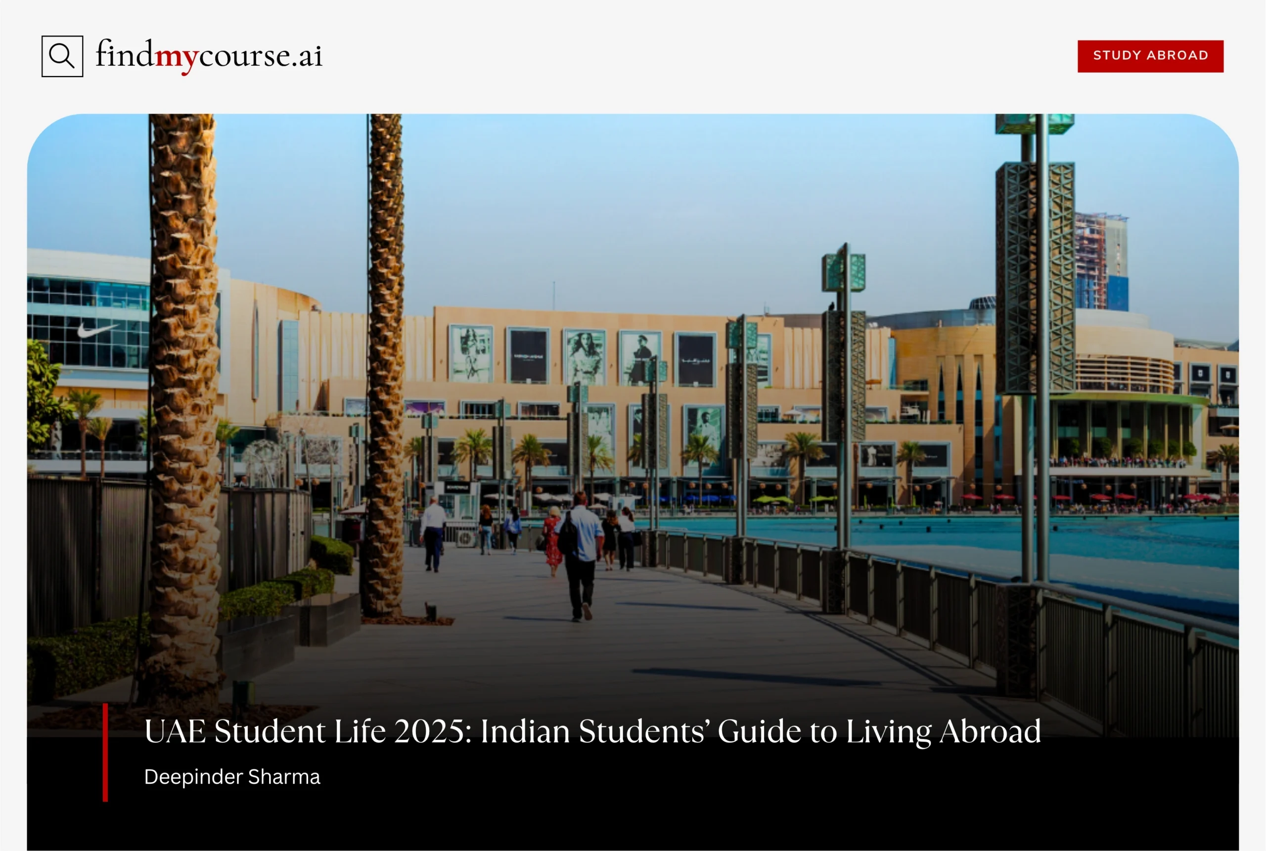 Students walking near a modern mall and palm trees, capturing daily life in UAE
