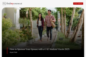 Student couple walking on campus path, representing UAE spouse visa options — Findmycourse.ai