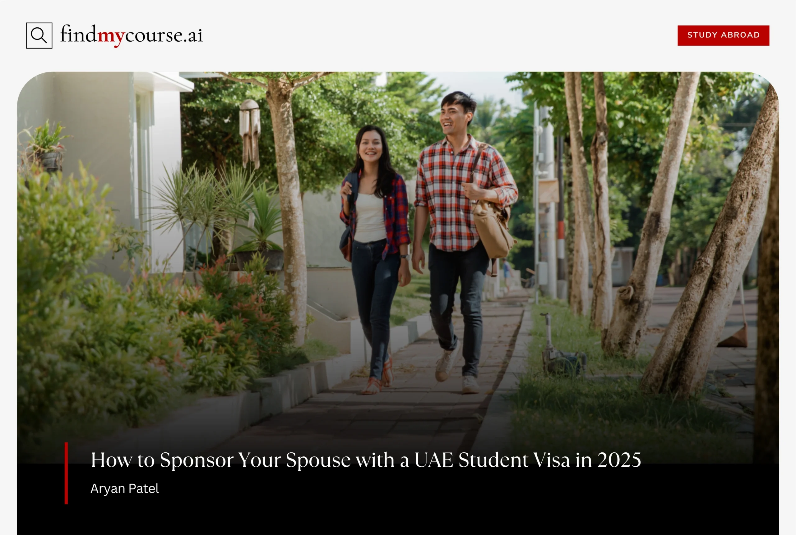 Student couple walking on campus path, representing UAE spouse visa options — Findmycourse.ai