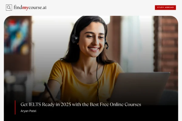 Smiling student attending a free IELTS online course on laptop — Findmycourse.ai