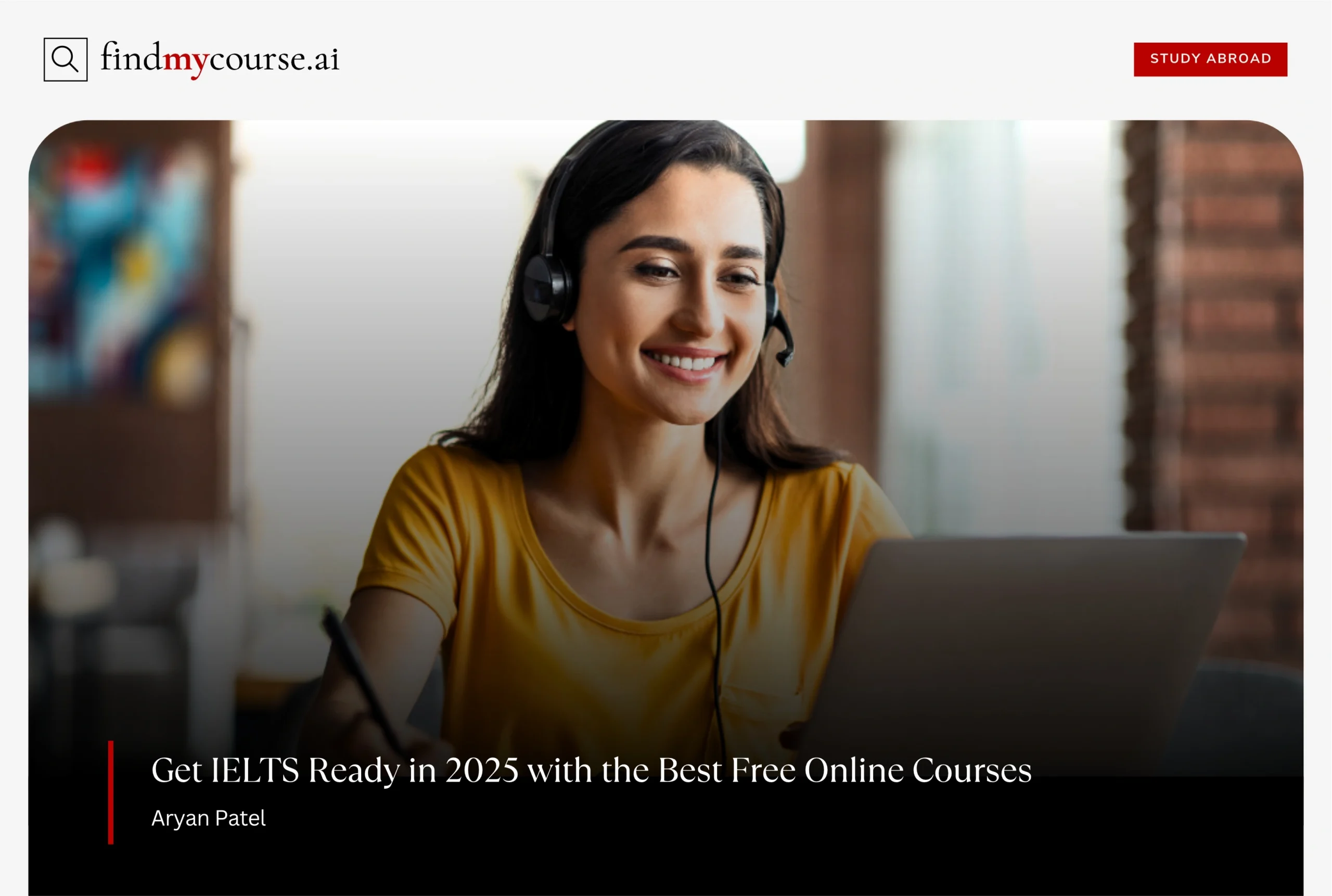 Smiling student attending a free IELTS online course on laptop — Findmycourse.ai