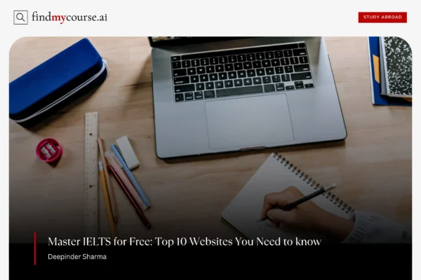 person studying with a laptop and notes, representing free IELTS coaching websites — Findmycourse.ai