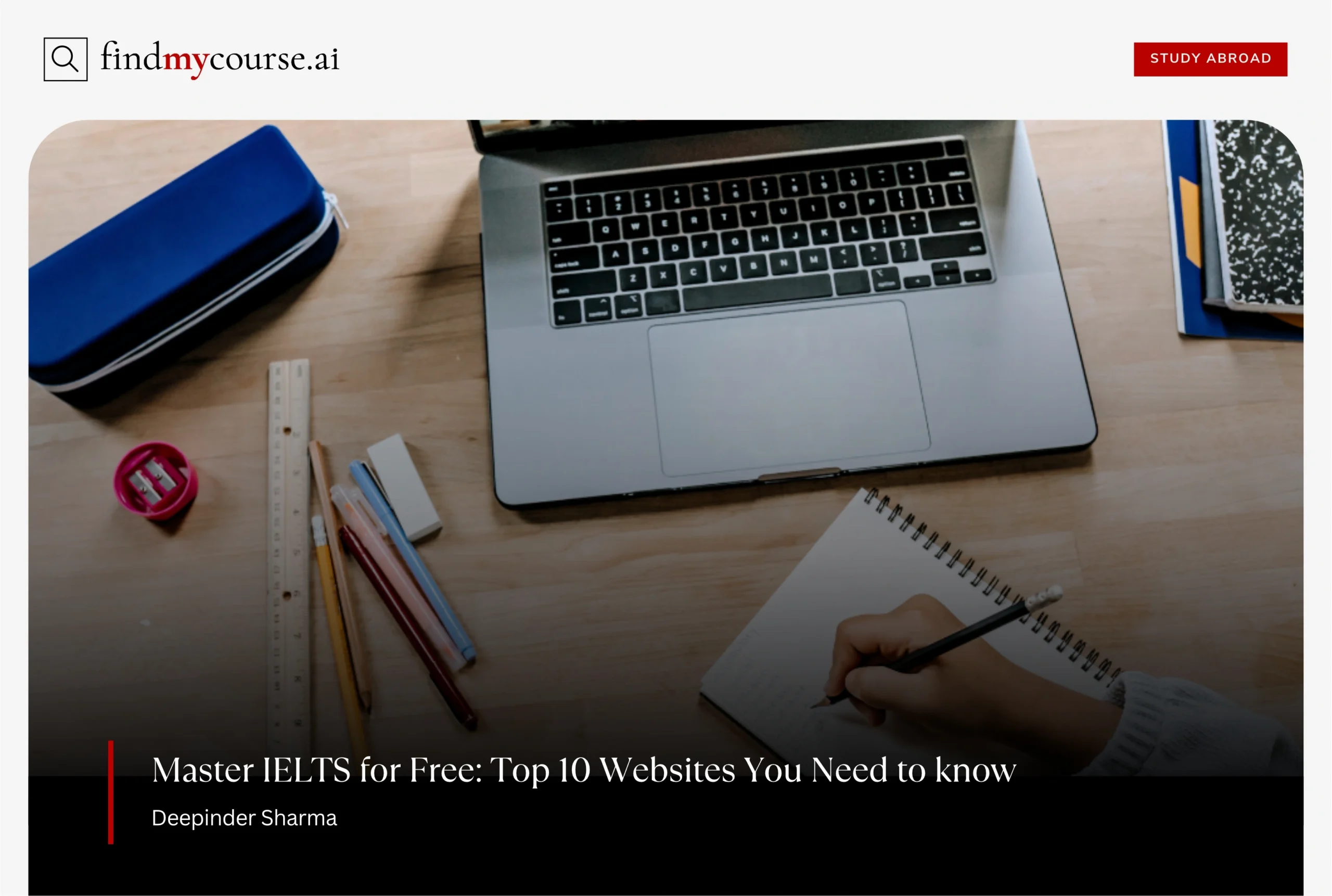 person studying with a laptop and notes, representing free IELTS coaching websites — Findmycourse.ai