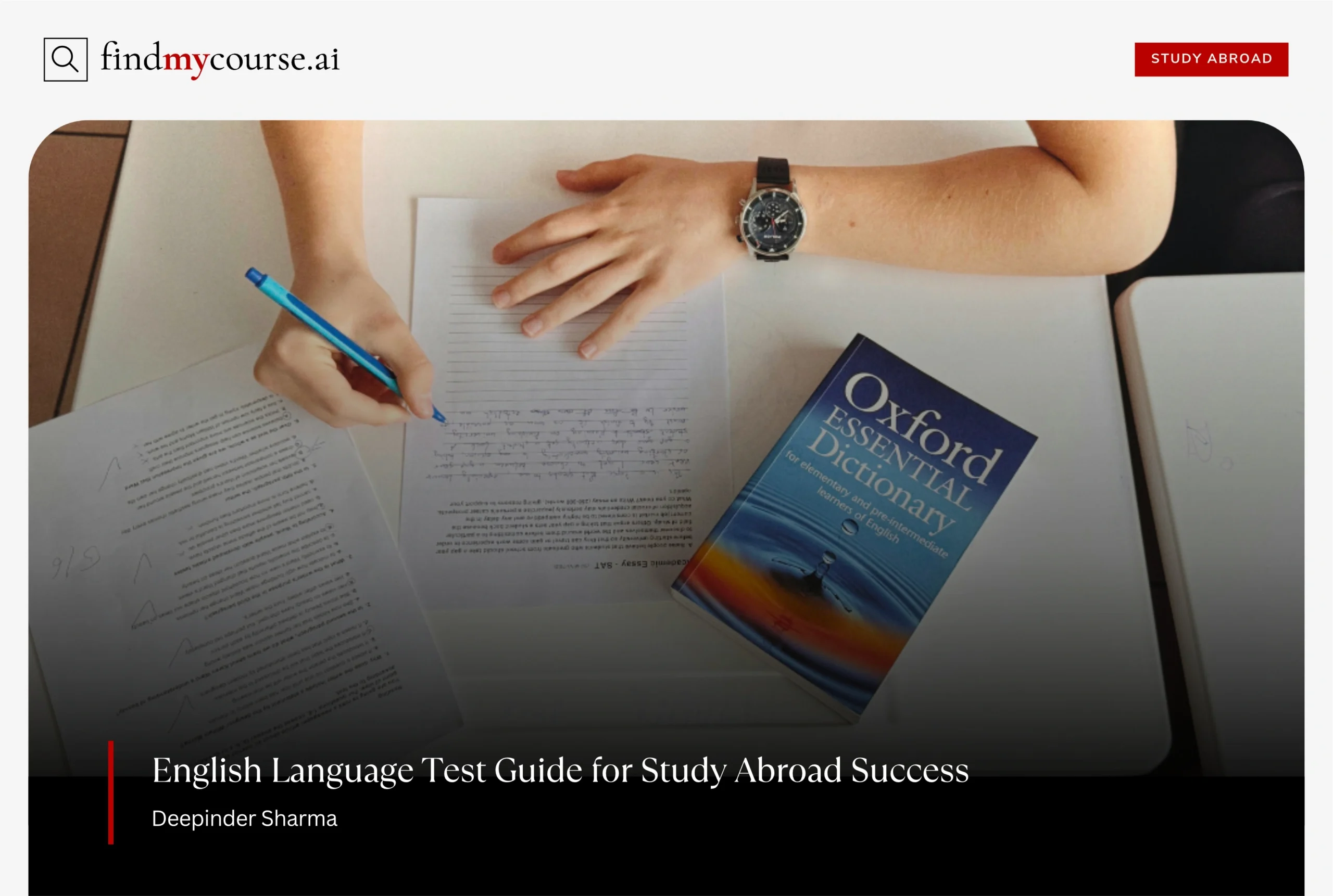 Study setup with pen, notes, and book for English Language Test preparation — Findmycourse.ai
