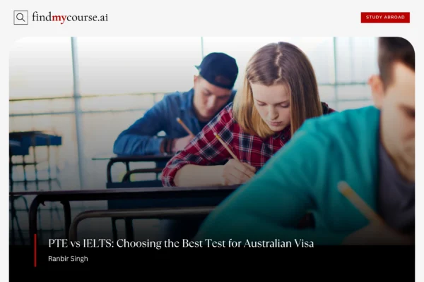 Classroom visual with students taking English test representing PTE vs IELTS test — Findmycourse.ai