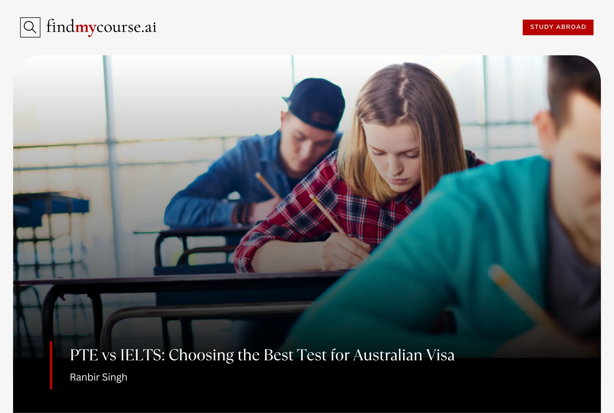 Classroom visual with students taking English test representing PTE vs IELTS test — Findmycourse.ai