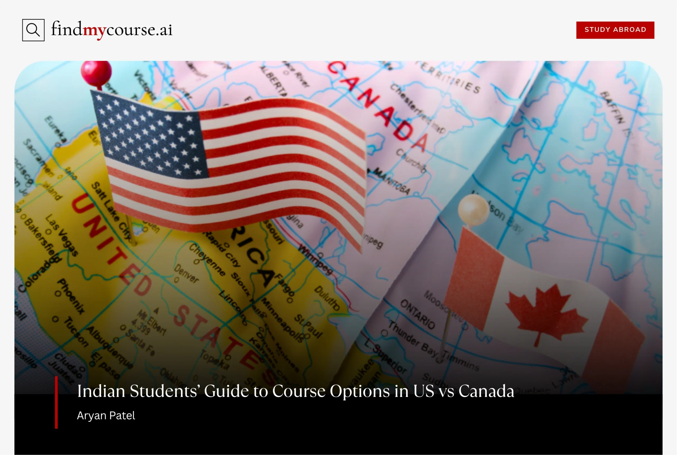 Map showing US and Canada with flags, highlighting course options in these nations — Findmycourse.ai