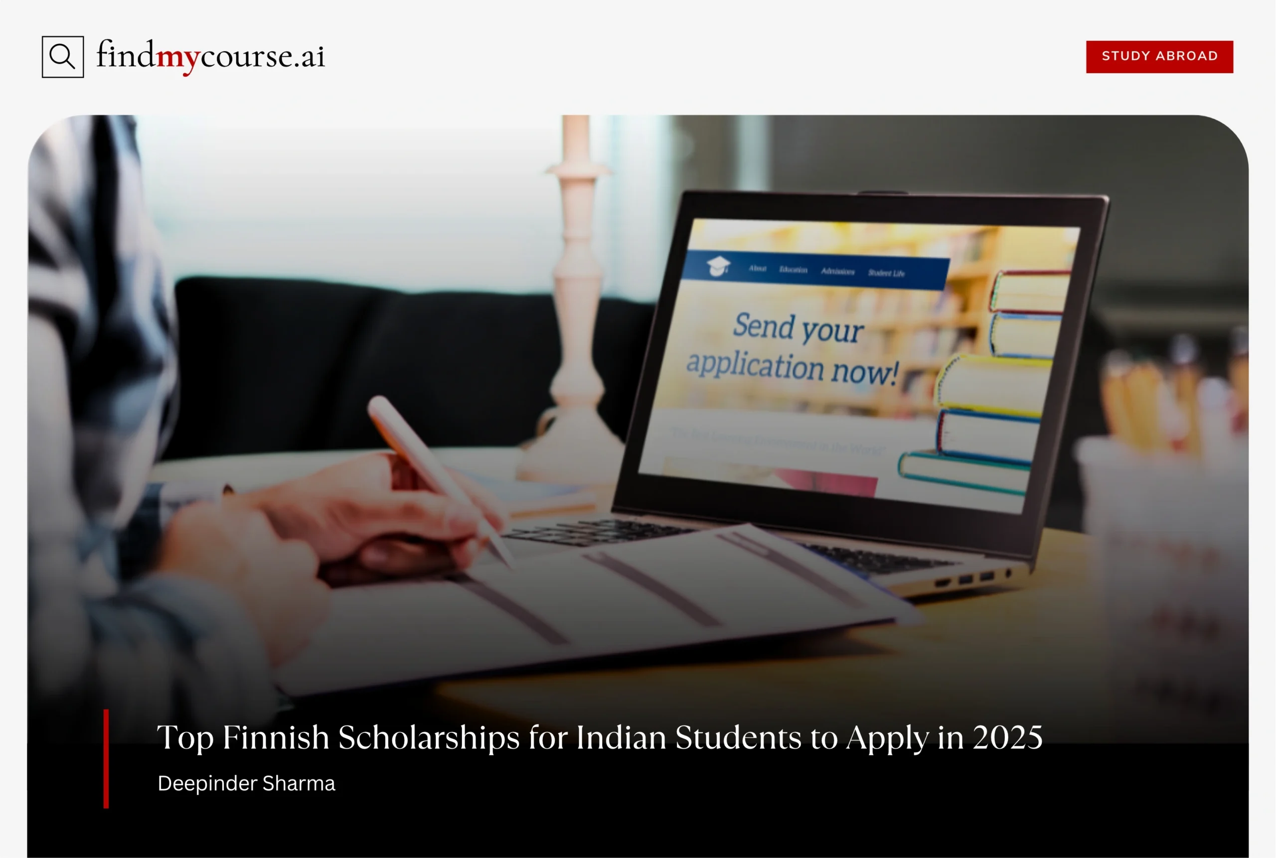 Student filling scholarship application while viewing a university website on laptop — Findmycourse.ai