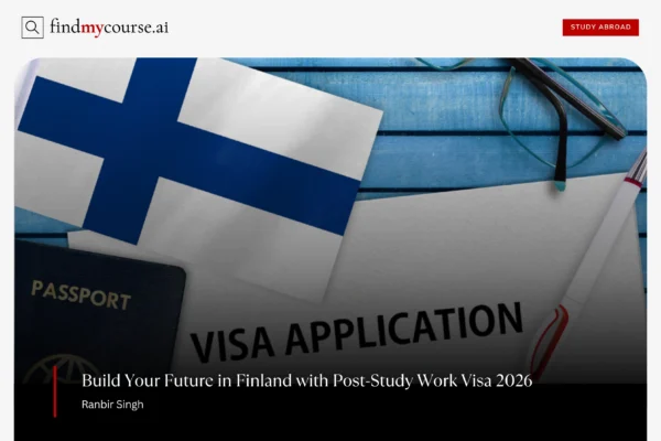 Finnish flag, passport, and visa application denoting Post-Study Work Visa - Findmycourse.ai