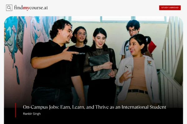 The Complete Guide to On campus Jobs for International Students Student working as coordinator giving a tour to freshers, depicting on campus jobs — Findmycourse.ai