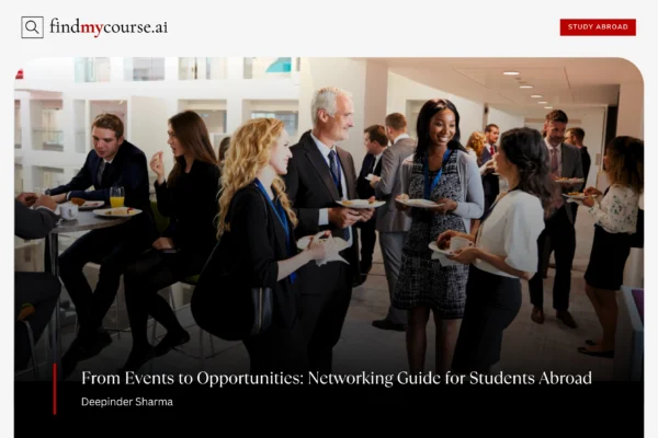 Students abroad connecting with professionals during a networking event — Findmycourse.ai