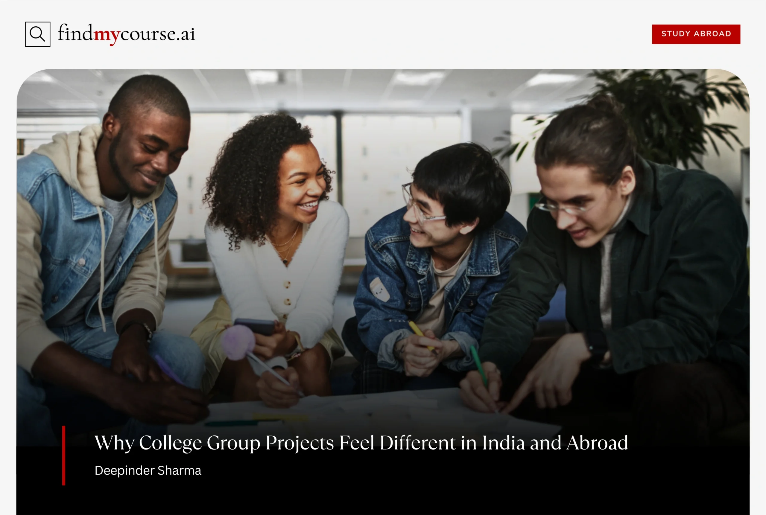 Diverse college students sharing ideas during group projects abroad — Findmycourse.ai