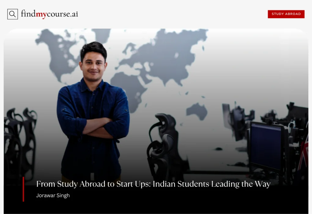 Young person standing in office with desks and world map depicting global start up — Findmycourse.ai