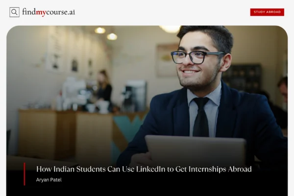 Smiling Indian student in an office space denoting internships abroad — Findmycourse.ai