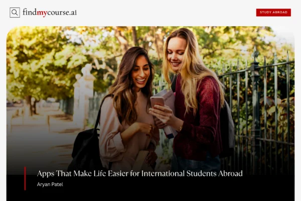 Must-Have Apps for International Students to Study and Thrive Abroad Two students looking at a phone, highlighting apps for international students — Findmycourse.ai