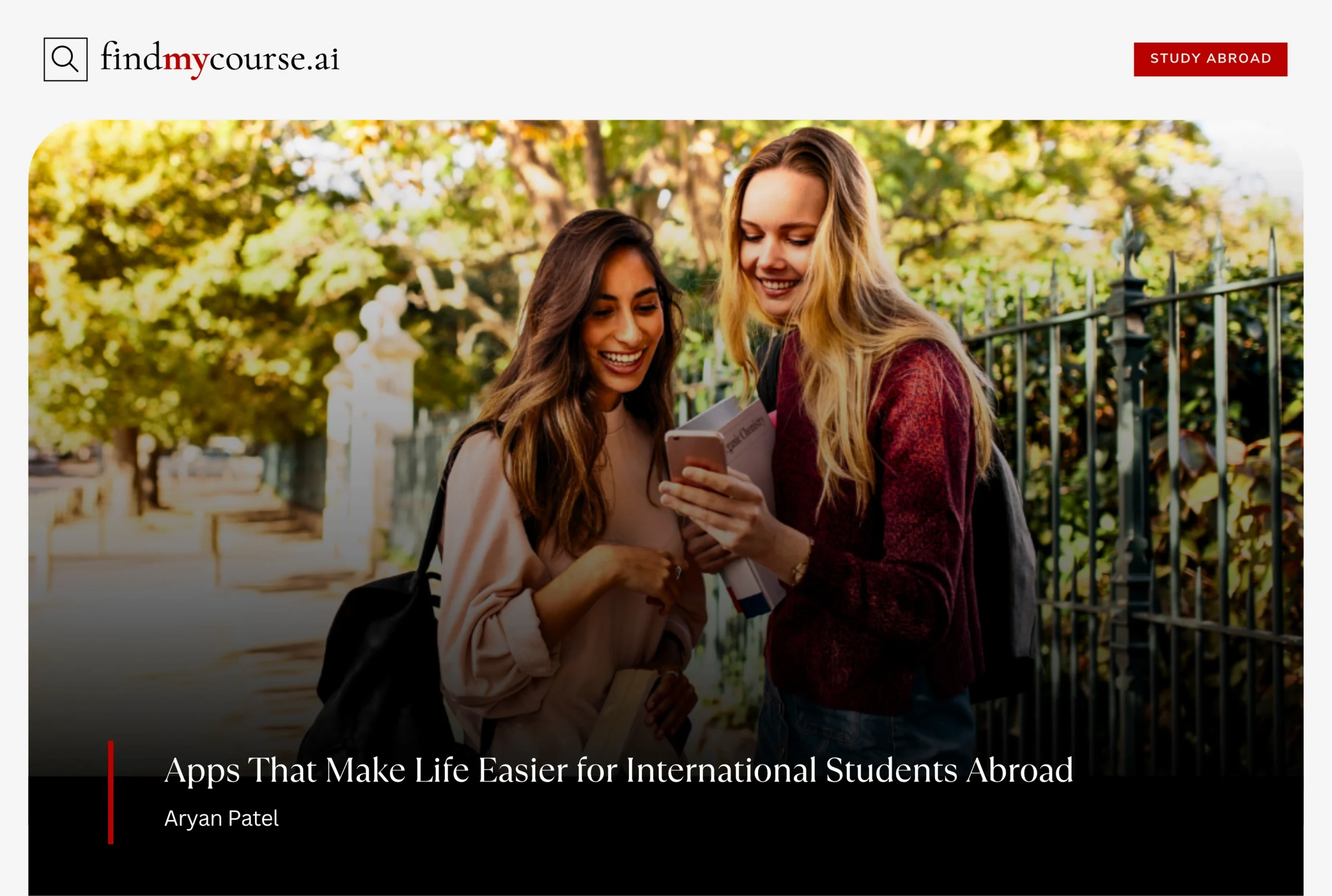 Two students looking at a phone, highlighting apps for international students — Findmycourse.ai