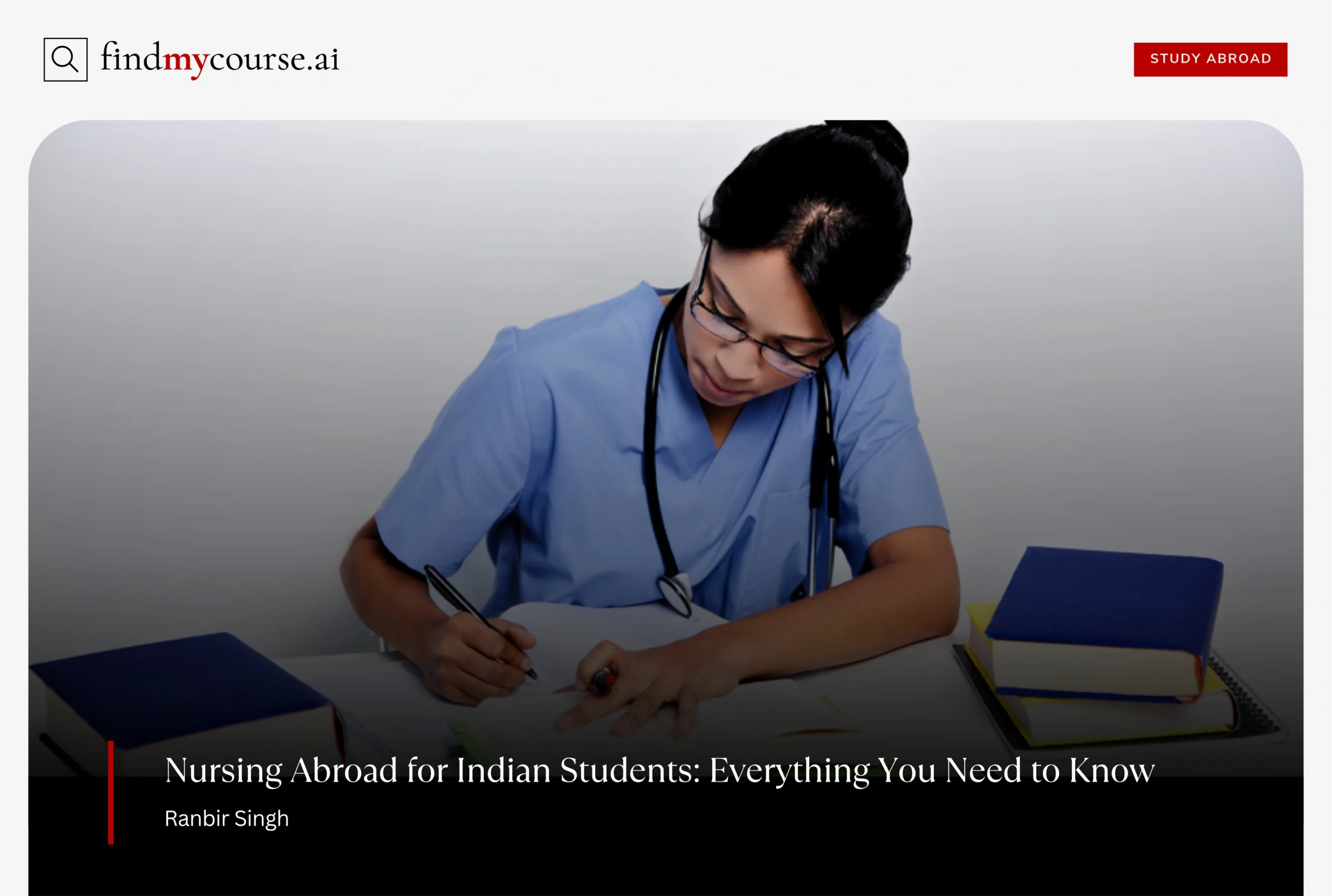 A nursing student wearing uniform and stethoscope, studying with books on table — Findmycourse.ai