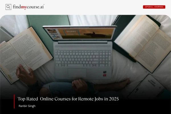 Person on bed with laptop, books and planner, doing online courses for jobs | findmycourse.ai