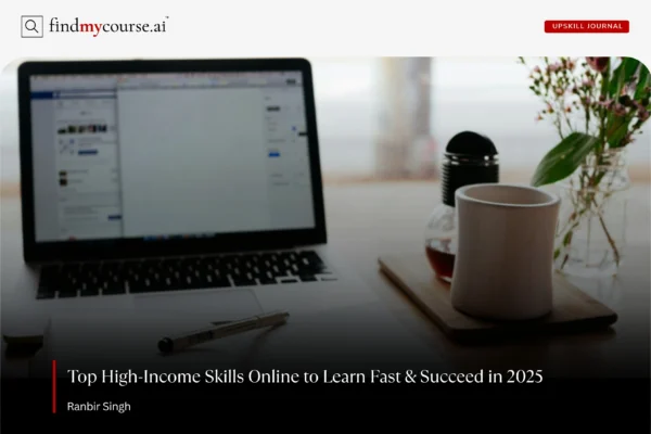 Desk with laptop and pen, showcasing high-income skills to learn online – findmycourse.ai