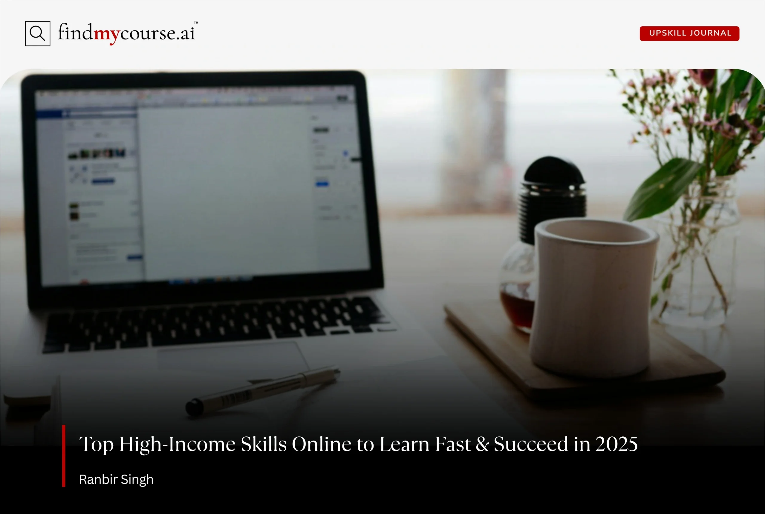 Desk with laptop and pen, showcasing high-income skills to learn online – findmycourse.ai