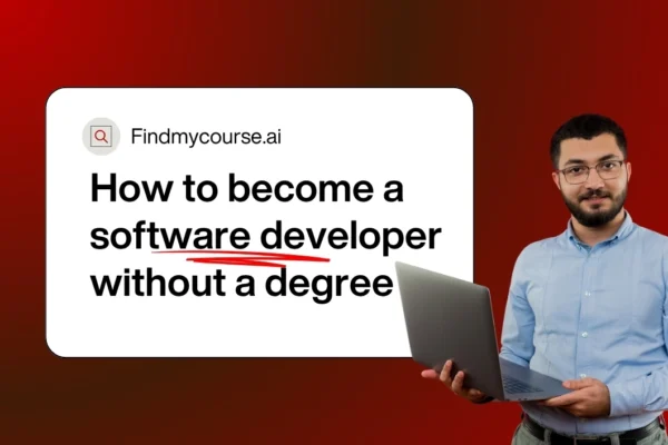 Smiling man holding laptop featuring how to become a software developer without degree – findmycourse.ai