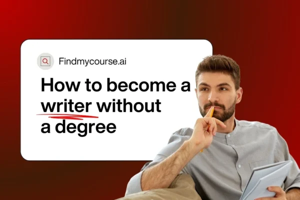 Graphic representing how to become a writer, with a focused man holding writing tools – findmycourse.ai