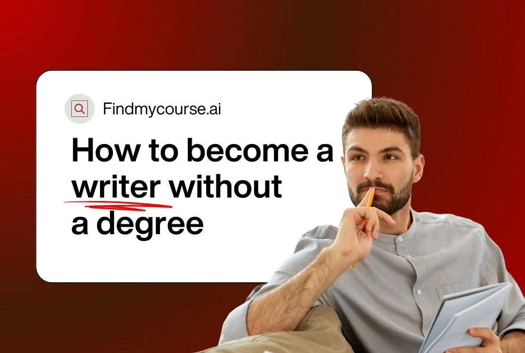 Graphic representing how to become a writer, with a focused man holding writing tools – findmycourse.ai