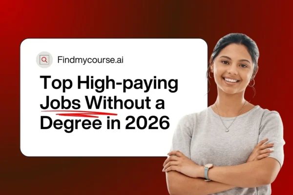 Smiling woman beside an infographic showcasing best jobs without a degree – findmycourse.ai