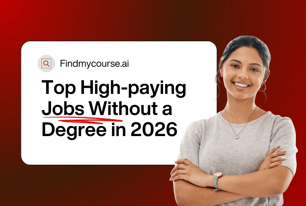 Smiling woman beside an infographic showcasing best jobs without a degree – findmycourse.ai
