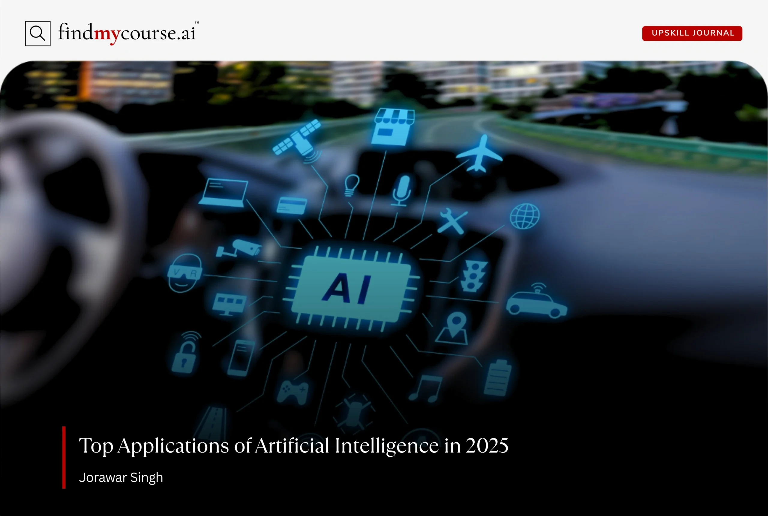 AI chip at center with icons showing applications across industries in 2025 – Findmycourse.ai