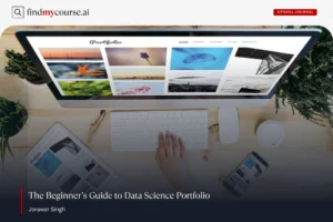 screen showing portfolio website as someone works on first data science portfolio – Findmycourse.ai