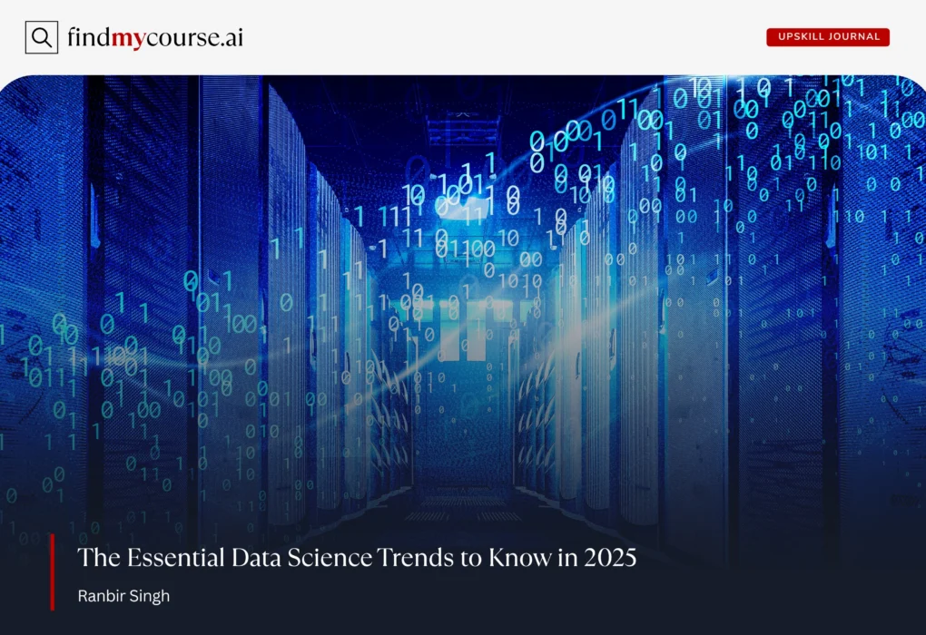 Data center with binary code overlay representing data science trends – Findmycourse.ai